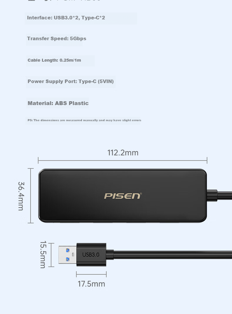 Pisen USB Hub, Multi-Port Adapter, USB 3.0 Splitter, Four-In HUB Concentrator, Laptop External Expansion Dock, USB-C Data Cable, 1 Meter 15