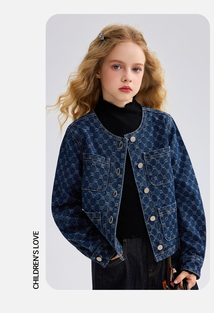 ASK JUNIOR Kids Denim Jacket Spring Girls Vintage Floral Long Sleeve Tweed Top Denim Blue 150 6