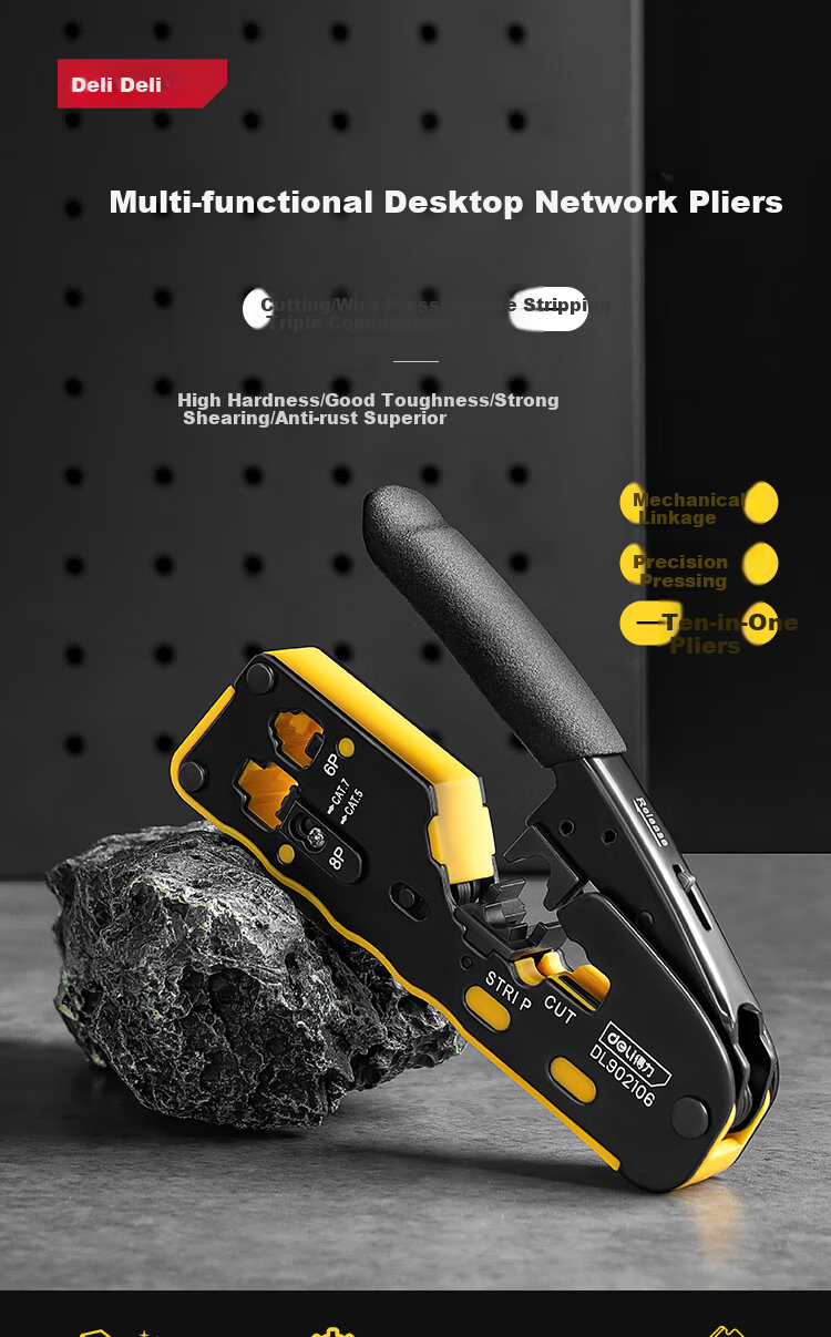 Deli Desktop Network Crimping Tool 6/8p, Multi-Functional Wire Stripper And Crimper, Cat7 RJ45 Connector Crimping Tool for Network And Telephone Cables 1
