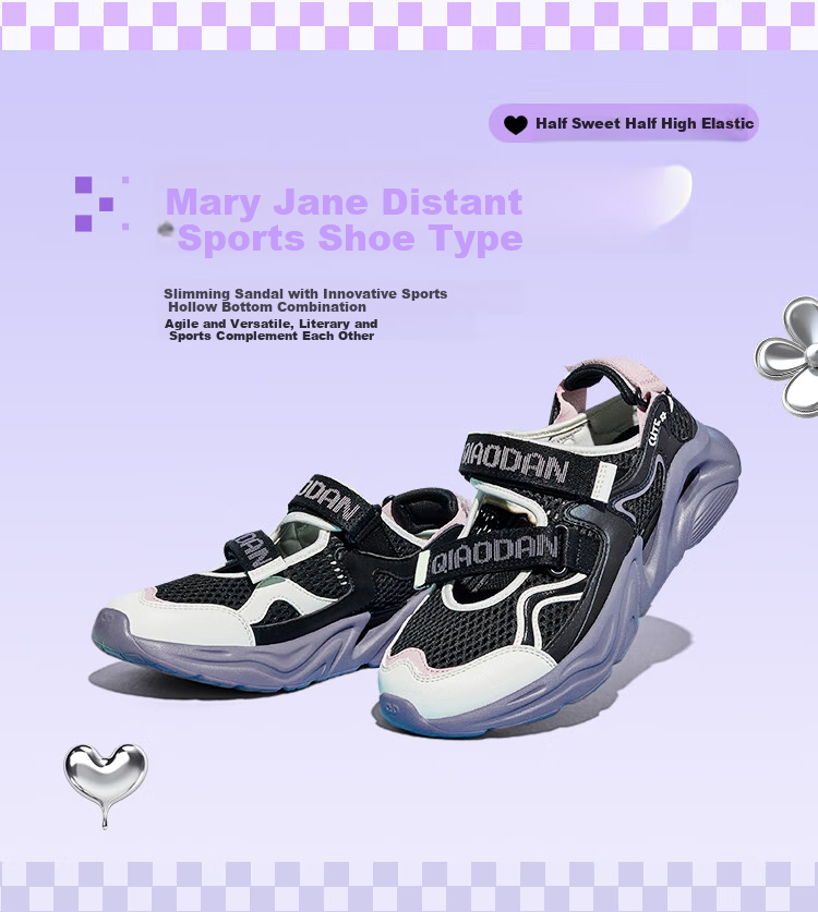 QIAODAN Girls' Running Shoes, Big Kids Summer Sandals, Children's Breathable Mesh Sports Shoes, Black/ice Purple, Size 37 3