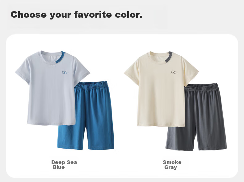 LangSha Children's Home Wear, Summer Lightweight Boys' Short-Sleeve Shorts Set, for Older Children, Lyocell Pajamas, Air Conditioning Wear 6
