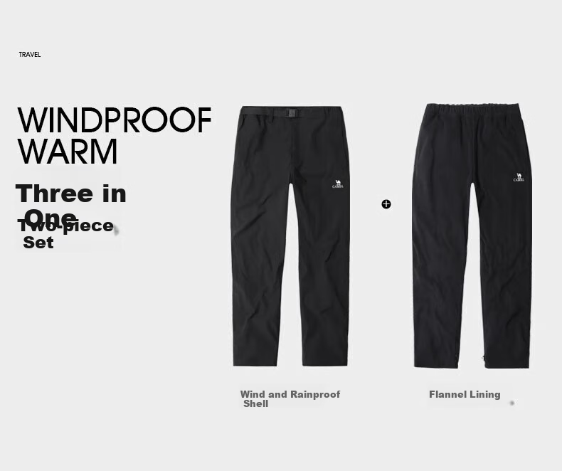 CAMEL Fleece-Lined Hiking Pants, Three-In Autumn And Winter Warm Mountaineering Ski Pants, 0045M Phantom Black, Men's M 19