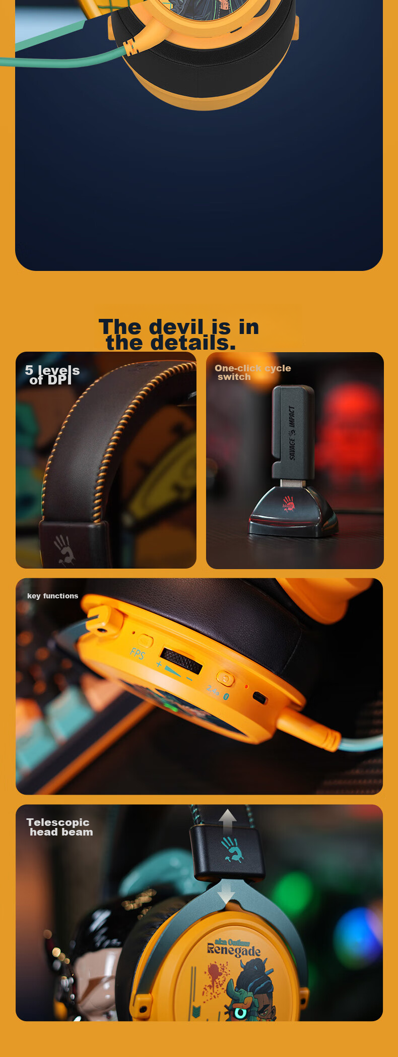 A4TECH Savage Tribe MR595 Wireless/Bluetooth/Wired Gaming Headset, Over-Ear Blood Hand Phantom, PUBG CS Lightweight Delta Valorant Game, Reverse Yellow 13