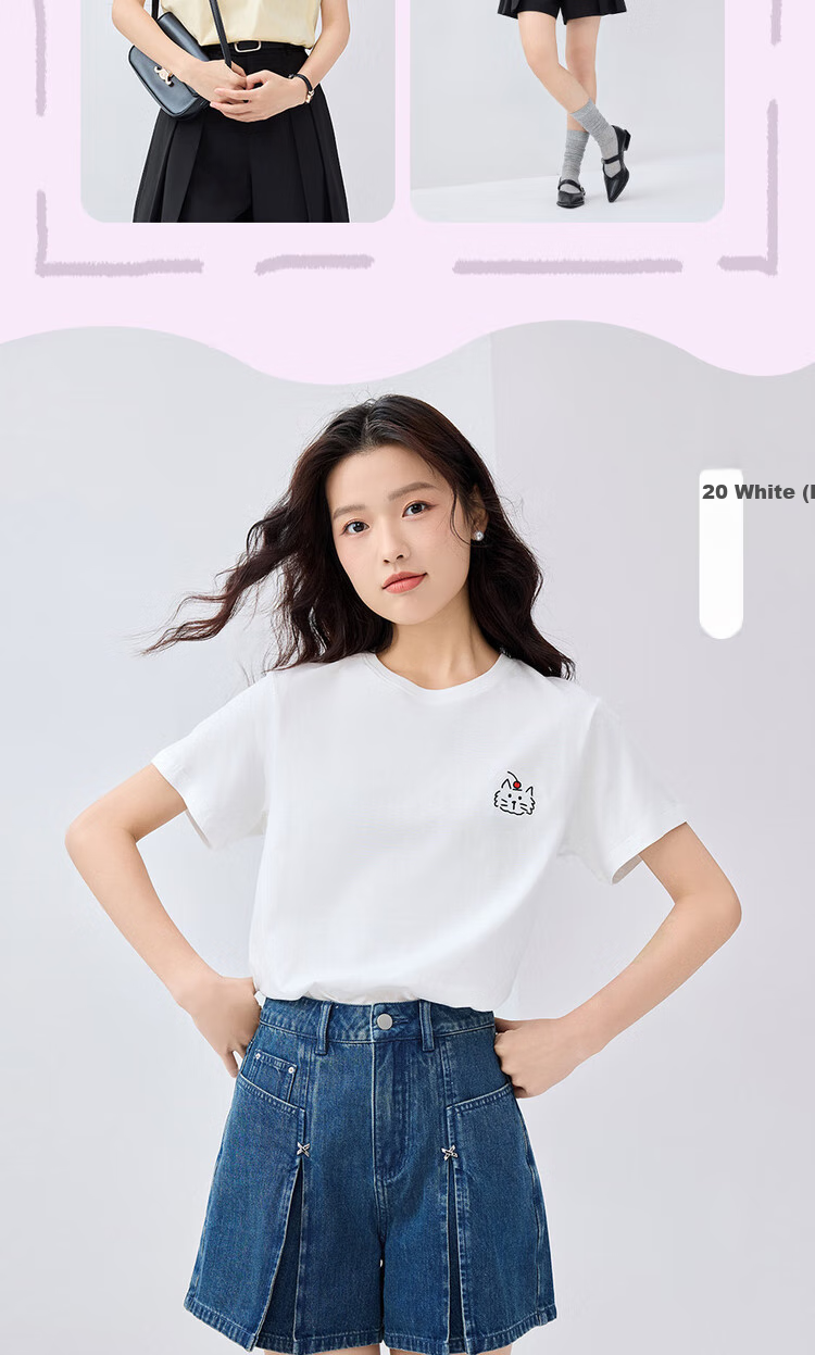 Giordano Women's Short-Sleeve T-Shirt, Summer Pure Cotton, Cute Animal Embroidery, Round Neck Top, 13325324 14