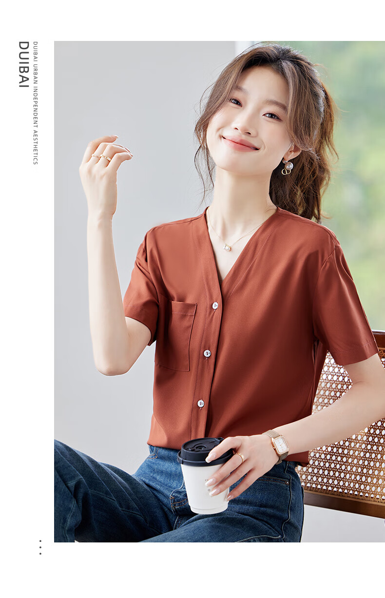 Jeanswest Women's Summer Casual Short Sleeve V-Neck Pocket Versatile Fashion Formal Shirt White L 5