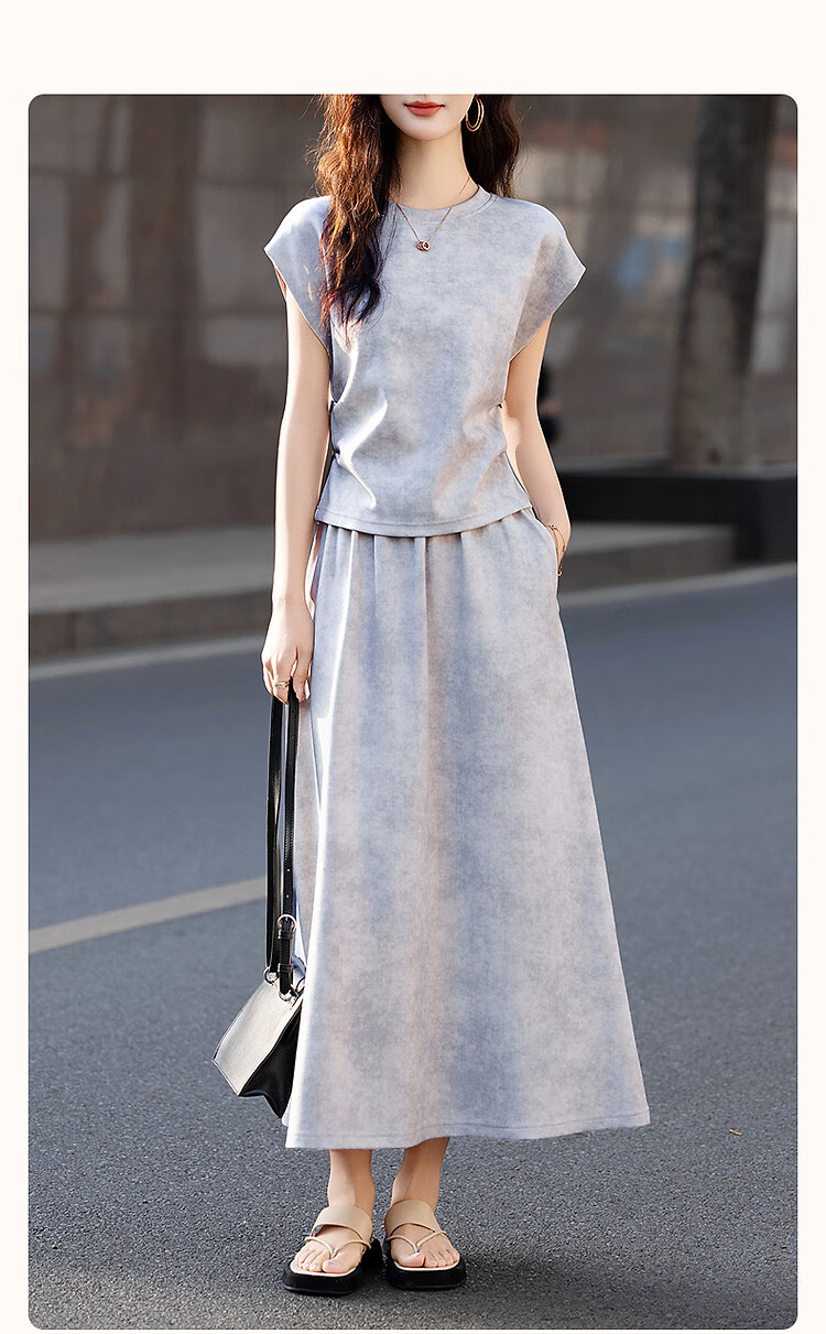 Demana Gradient Print Set Summer Elegant Round Neck Flutter Sleeve Top with Pleated Buttoned Flared Skirt Women's Two-Piece Set 2