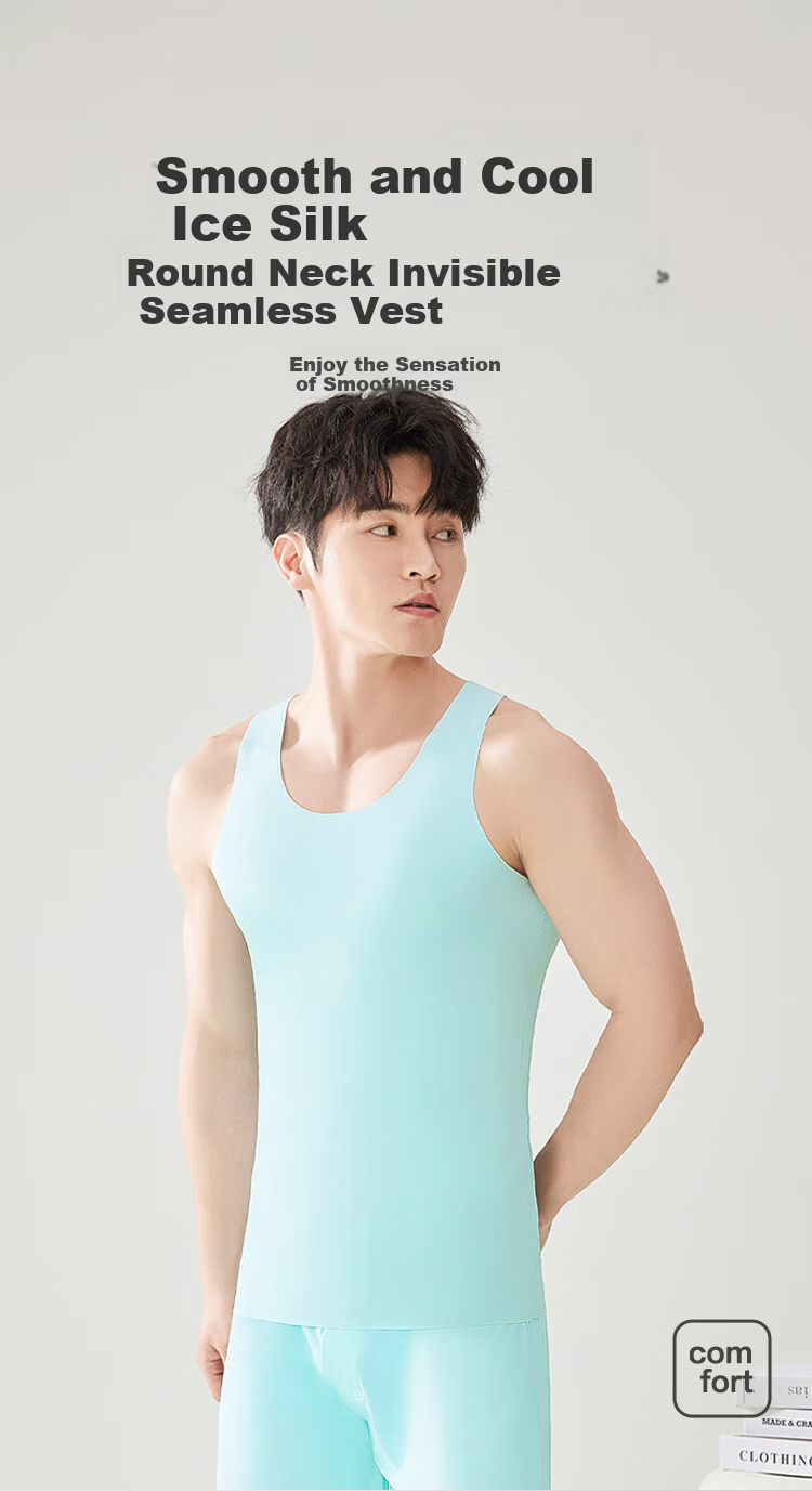 Hodo Men's Summer Ice Silk Seamless Thin Undershirt, Round Neck Versatile Elastic Vest, Ice Blue, Size 170 1