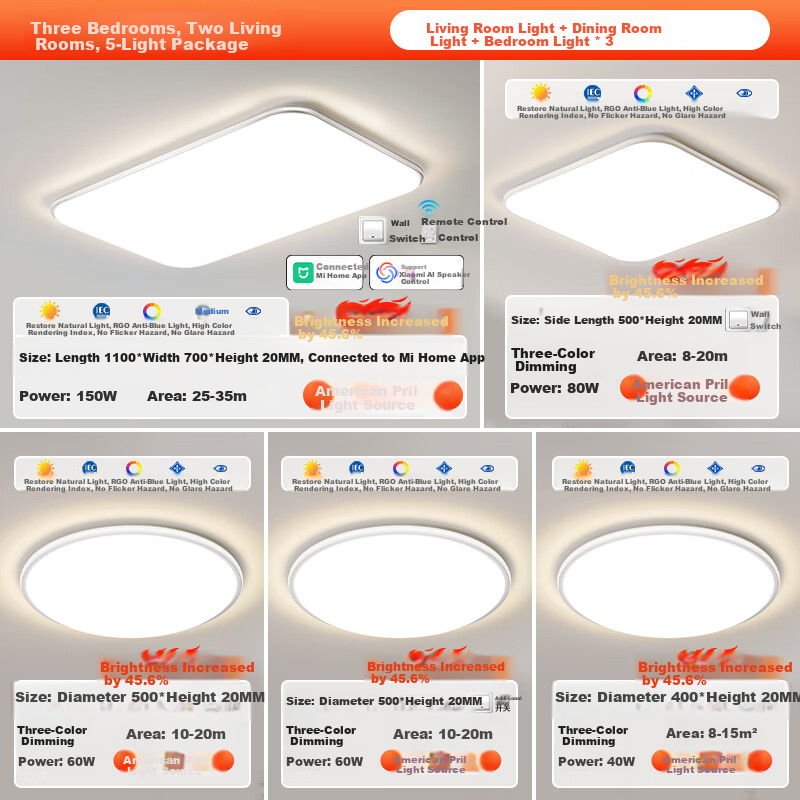 GUJIA LED Ceiling Light for Living Room And Bedroom, Eye-Protecting Puru Light Source Lighting Fixture, Three-Bedroom Two-Living Room Package [Installation Included]