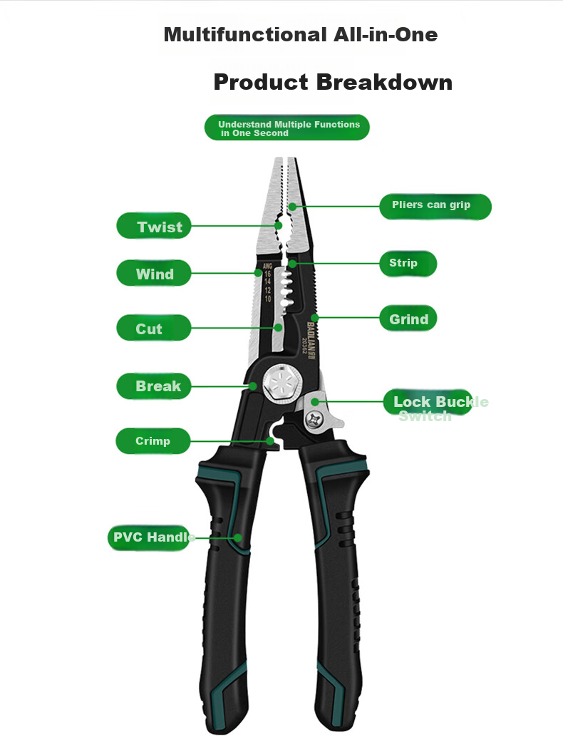 Baolian Electrician's Pliers, Multi-Functional Wire Cutters, Tiger Pliers, Universal Pliers, Electrician's Needle-Nose Pliers, Electrician's Pliers, Wire Cutters, Hand Pliers 11