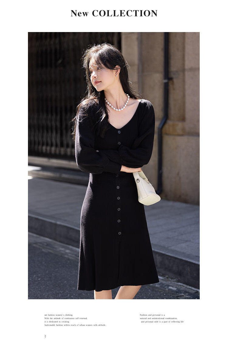 MT French Vintage Black Swan V-Neck Long Sleeve Knit Dress for Autumn Dates 2