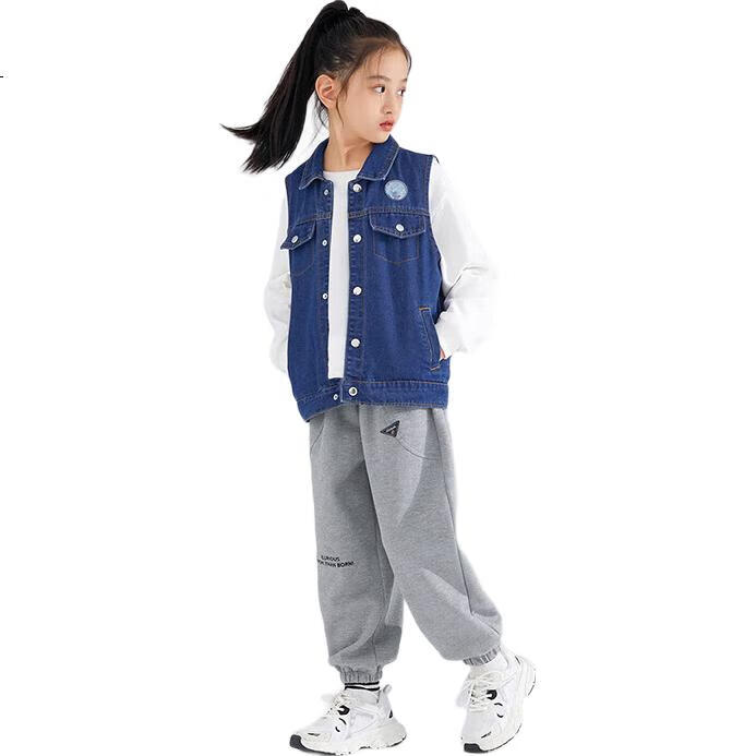 QQ DUCK Children's Denim Jacket Girls Casual Vest Sleeveless Top Versatile Waistcoat Blue; 140