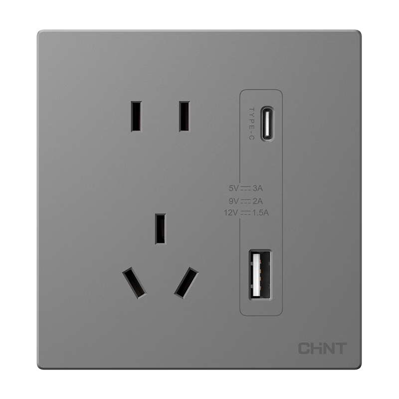 CHNT Switch Socket No-Paint Cream Style Large Panel Flush Mount X1M Dual USB (A+C) Plus Five-Hole Socket Panel
