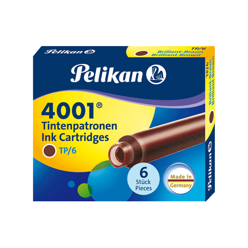 Pelikan 4001 Short Ink Cartridges Non-Carbon Brown Ink Cartridges 6-Pack Student Pen Refills