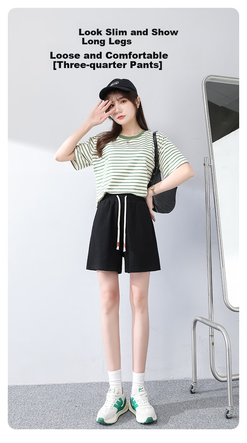 Warrior Waffle-Knit Shorts for Women, Summer 2026 Casual Style Versatile Fashionable Skin-Friendly Breathable Comfortable Commuter-Style Three-Quarter Pants 2