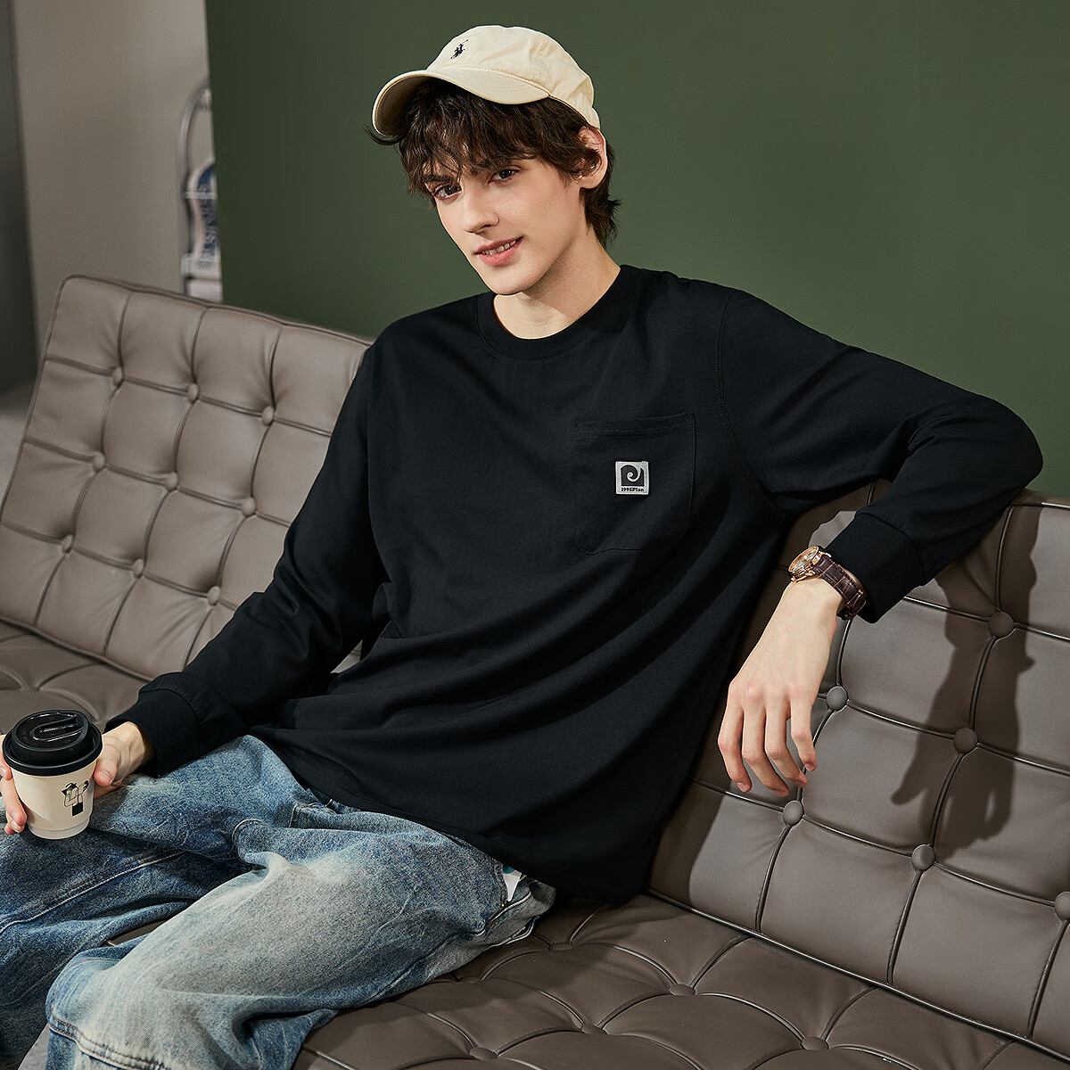 TonLion 2025 Autumn Men's T-Shirt with Large Left Chest Pocket, Zipper Logo Design, Round Neck, Long Sleeve