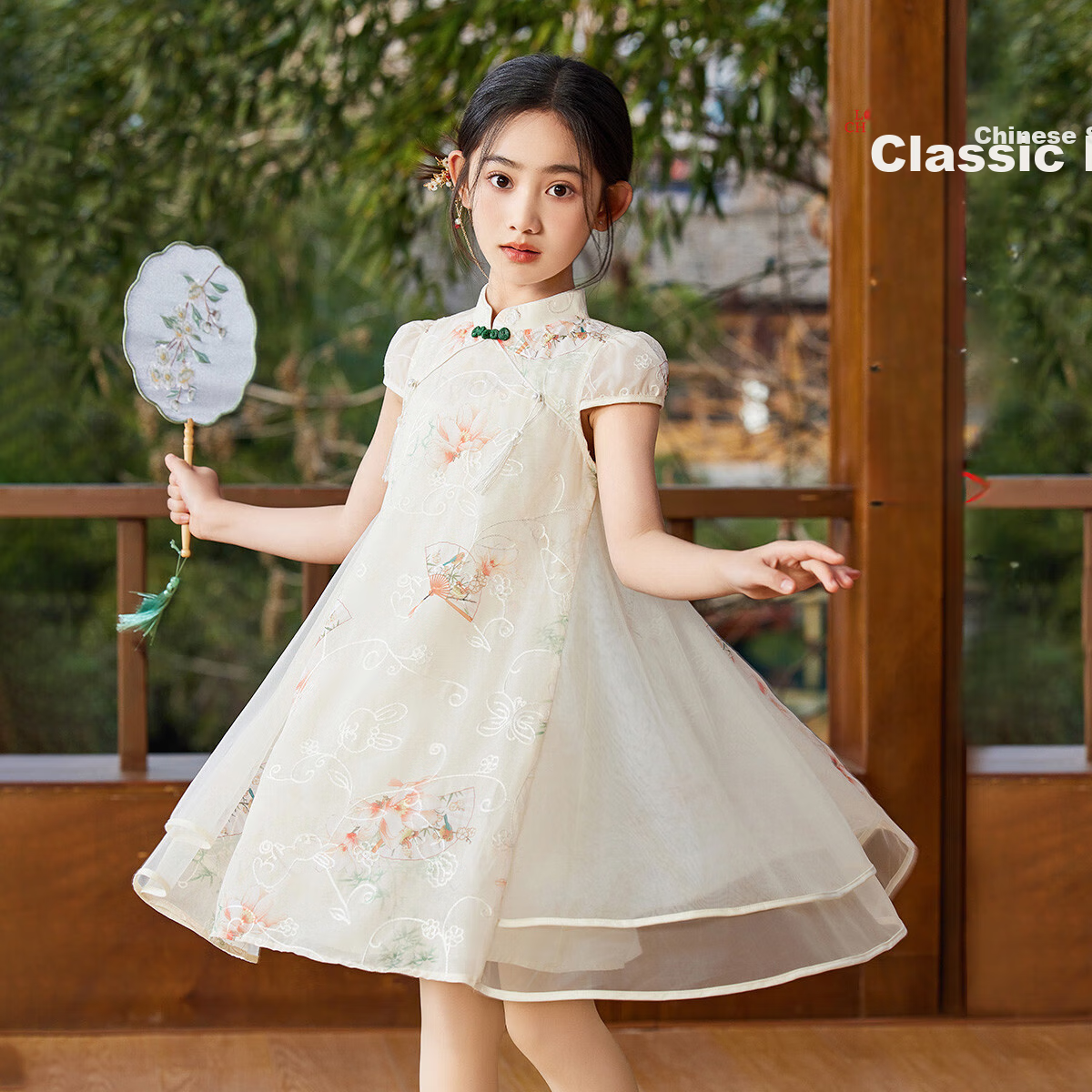 ASK JUNIOR Chinese-Style New Modern Girls' Dress, Summer Lightweight Mesh Dress, Embroidered Princess Skirt