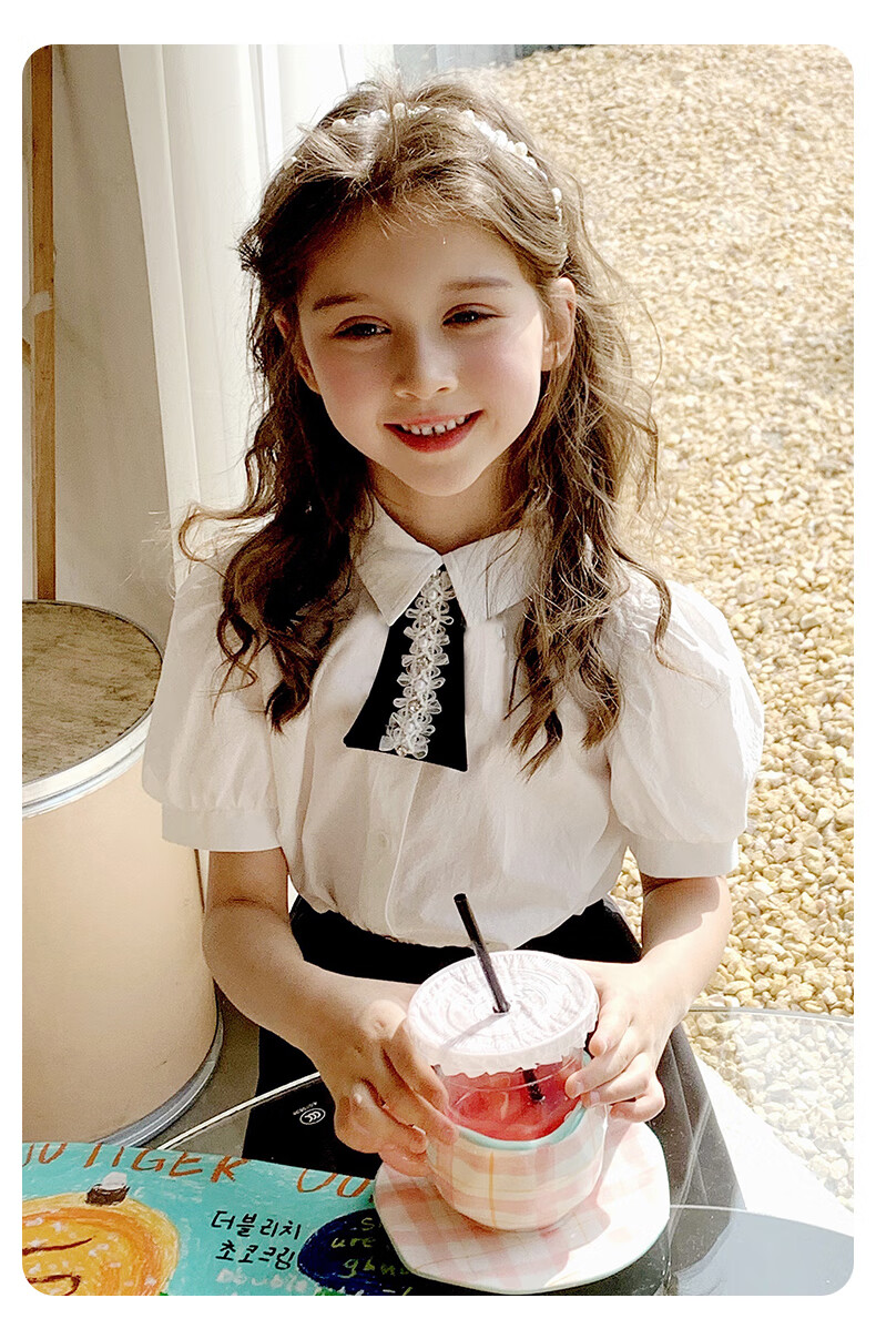 Follow Me Girls' Summer Set: Preppy Style Shirt Top And Pleated Skirt Two-Piece Set White/black 140 15
