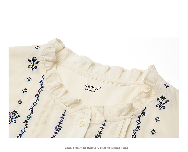 Inman French Style 100% Cotton Embroidered Shirt Summer Women's Casual Vacation Short Sleeve Blouse Beige M 4