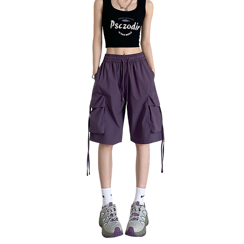 Ziyouxi Large Pocket Cargo Shorts for Women, Summer 2026 New High-Waisted Quick-Dry Wide-Leg Athletic Knee-Length Pants for Petite Figures, Suitable for Outdoor Wear
