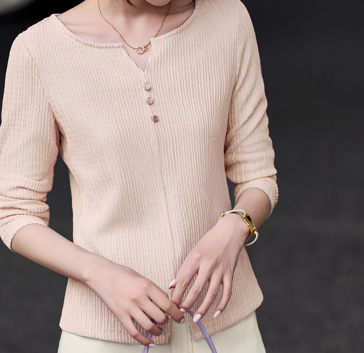 Sentubila [Solid Color Long-Sleeve T-Shirt], 2025 Autumn Vertical Striped Textured V-Neck Placket Three-Button Elastic Long T-Shirt 12