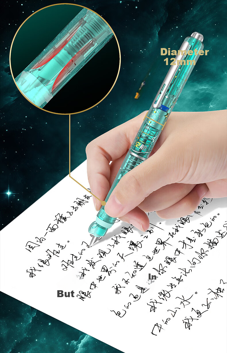 Dianshi Space Capsule Retractable Fountain Pen, Small Capsule Door for Third Grade Elementary School Students' Homework, Back-To Season Handwriting Practice, Fine Nib, No Ink Spatter, 7158 (Light Blue Barrel - Black Ink Cartridge), 1 Pen with 5 Ink Cartridges 15