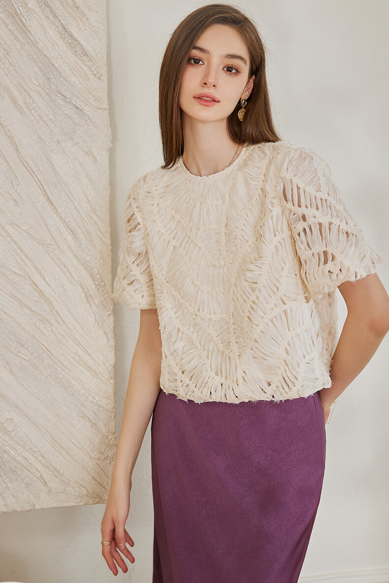 ROEYSHOUSE French Style Ribbon Round Neck Shirt Women Summer Elegant Commuter Loose Short T-Shirt 10441 Beige XL 2