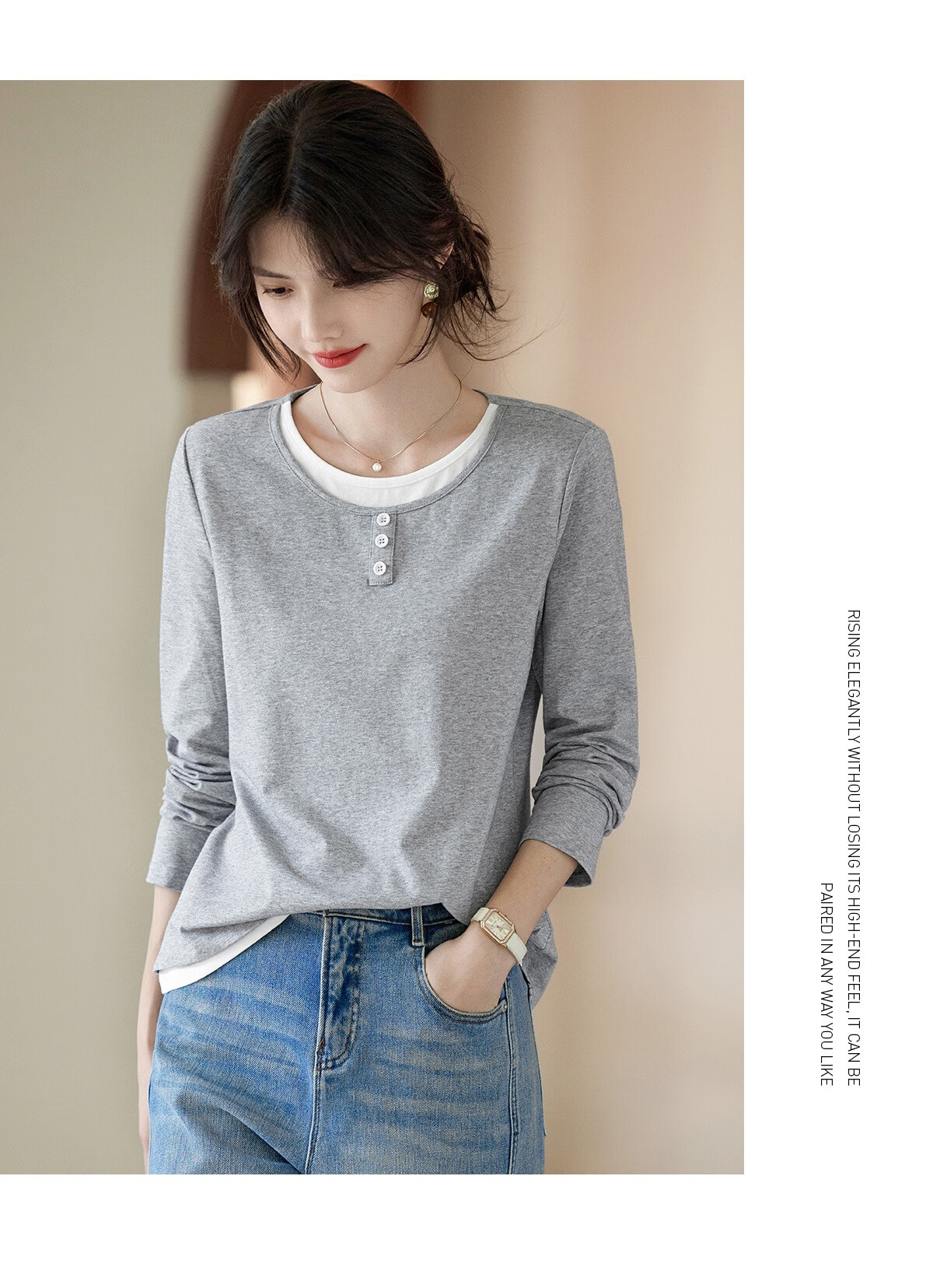 Taxiang Long-Sleeve T-Shirt for Women, Fashionable Faux Two-Piece Top, Round Neck, Versatile for Commuting, Slimming Base Layer, Women's T-Shirt T53T094 8