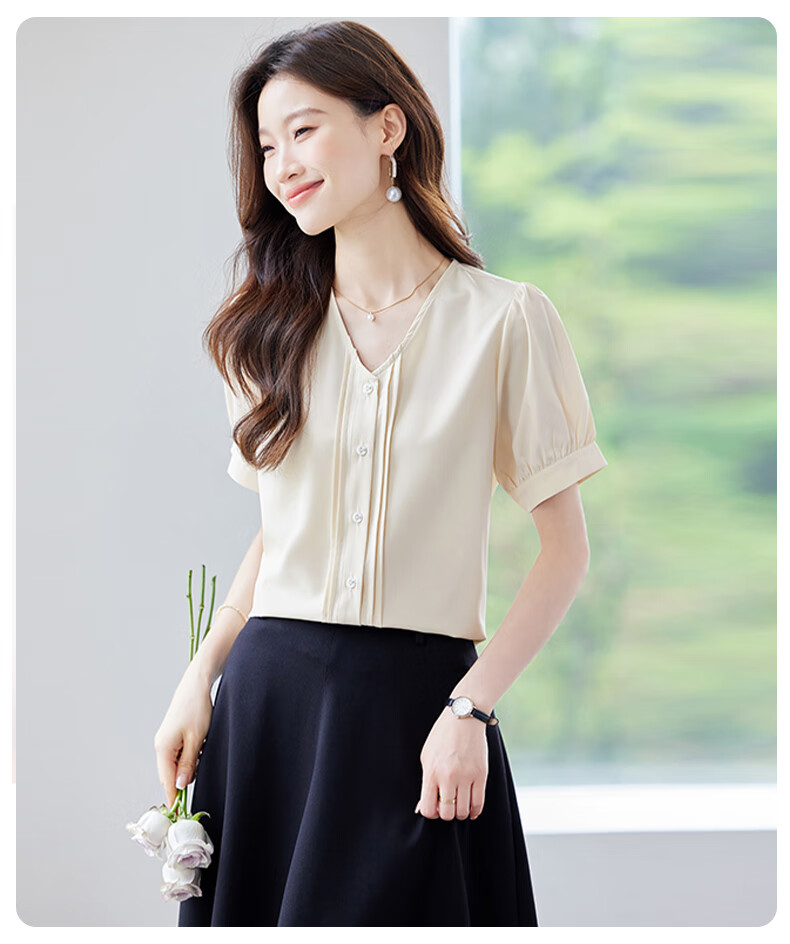 Jeanswest Women's V-Neck Short Sleeve Shirt Summer Elegant Commuter Casual Simple Cardigan Top Apricot M 10