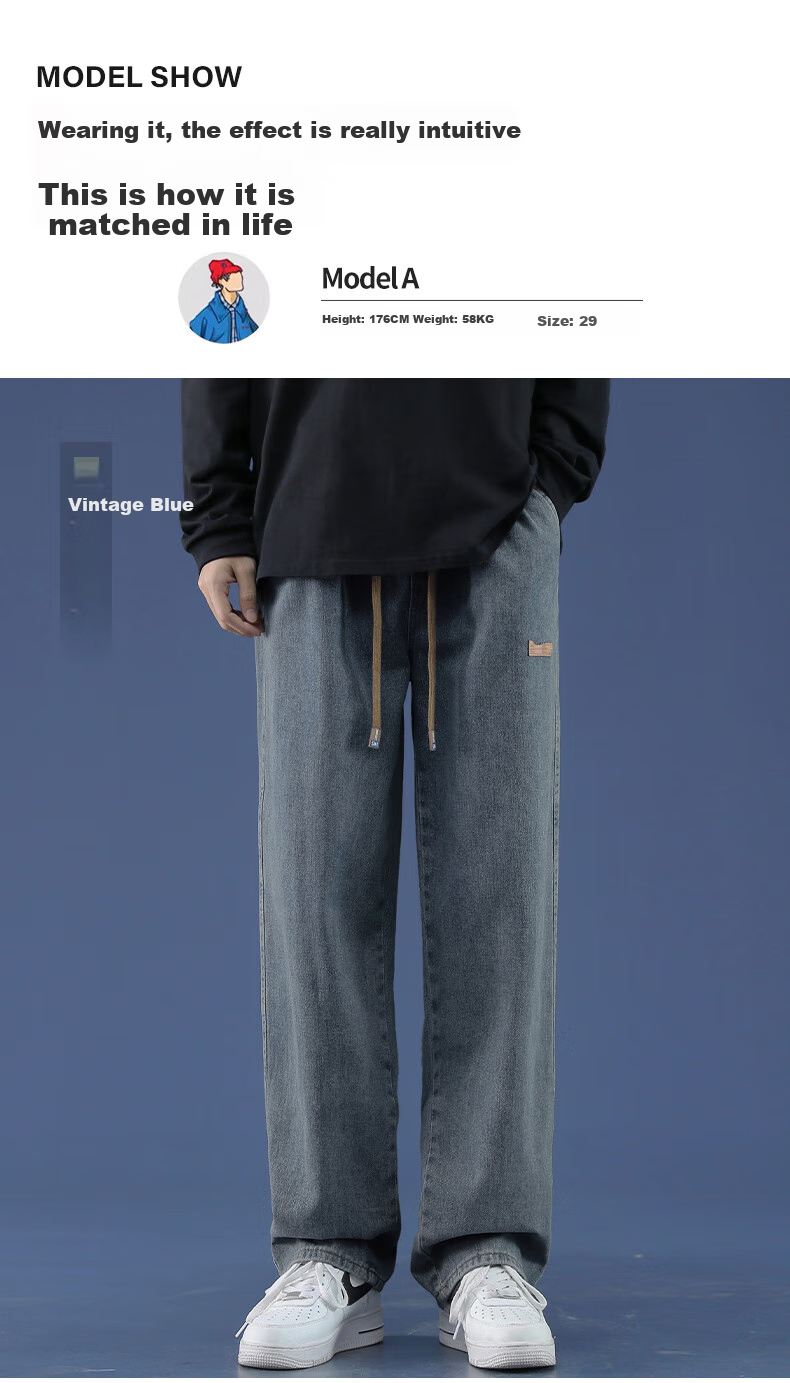 Paul Frank American-Style New Jeans for Men, Autumn Loose Straight Wide-Leg Casual Pants, Black Regular Size S 5