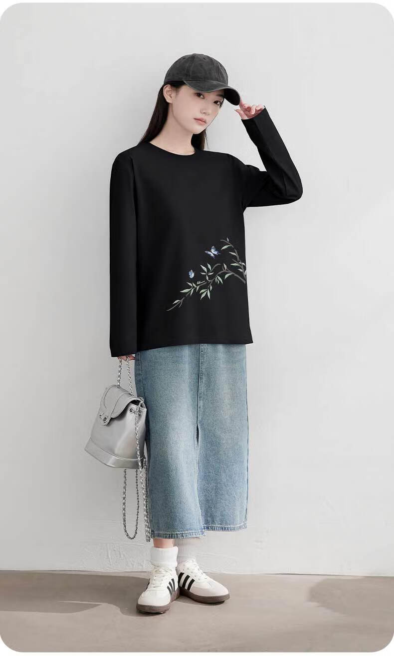 Warrior Women's Pure Cotton Long Sleeve T-Shirt 2026 Spring Black Petite Loose Slim Fit National Style Base Layer Top 6