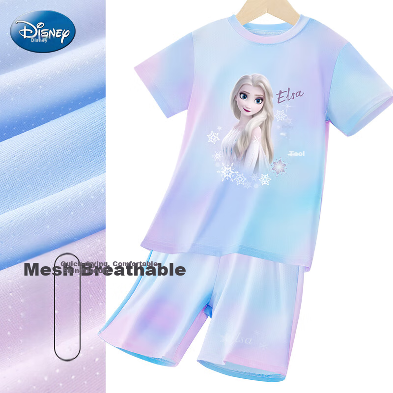 Disney Children's Quick-Dry Clothing Set, Elsa Princess Short-Sleeve T-Shirt for Girls, Summer Set FL164004-4, Purple, Size 130