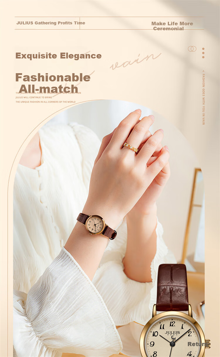 Julius Women's Watch Gift Box, Vintage Calendar, Student Commuter Waterproof Quartz Ladies Watch with Brown Strap And Gold Dial MGSL-1404B 1
