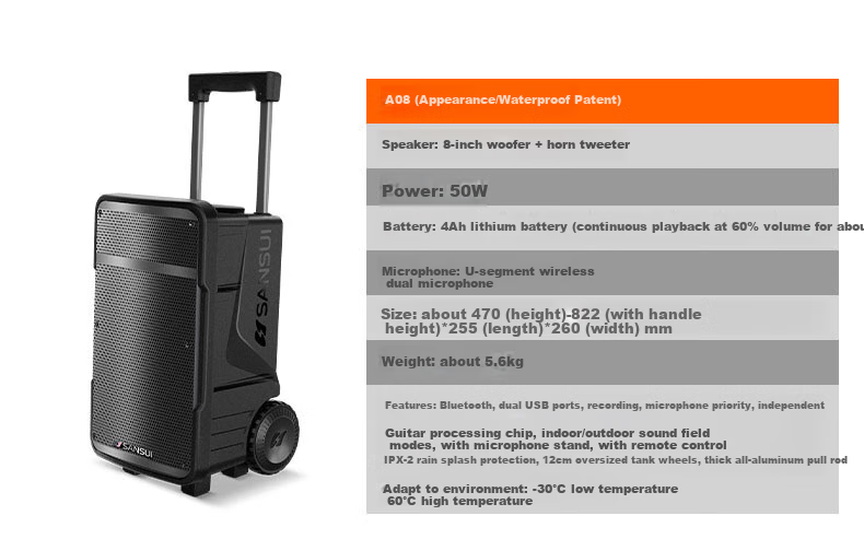 SANSUI E08 Karaoke Speaker, Outdoor Portable Amplifier, High-Volume Bluetooth Mobile Speaker, Powerful Singing Outdoor KTV Performance Stage Dual Microphone 21