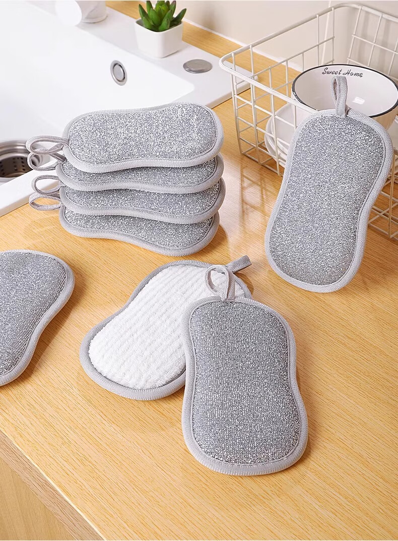 MR Sponge Dishcloth, Kitchen Silver Thread Double-Sided Absorbent Easy to Clean, 16*9.5cm*4 Pieces, Sponge Scrubber Bowl Cleaning Tool 1