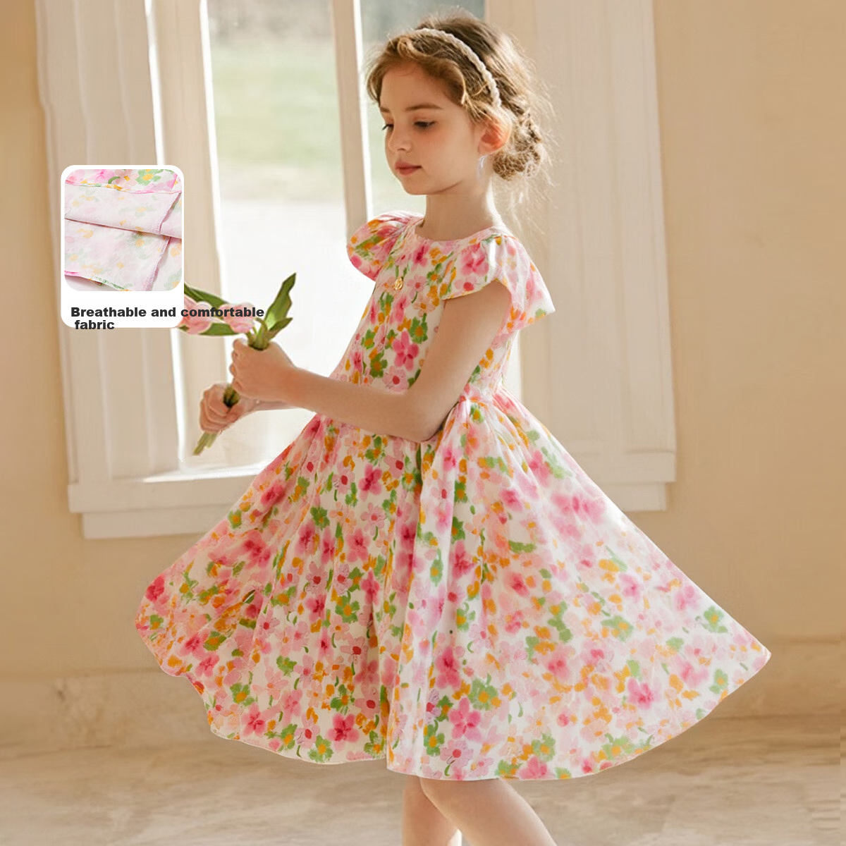 Disney Girls' Dress, 100% Pure Cotton, Summer 2026 New Style, Trendy Floral Print, Sweet Princess Dress for Girls, Children's Clothing