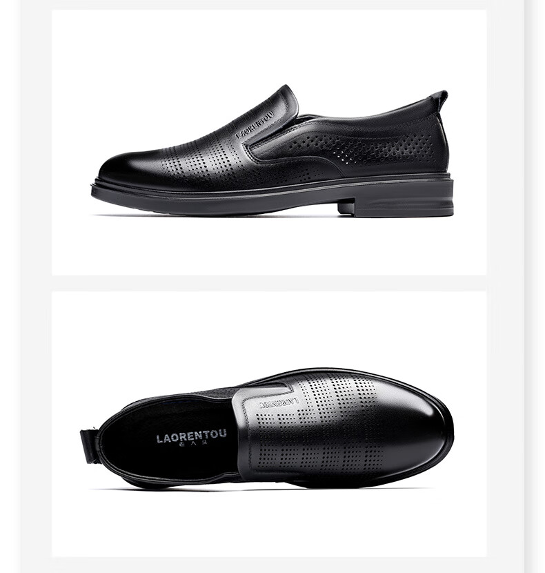 LAORENTOU Men's Summer New Genuine Leather Hollow Casual Shoes Comfortable Breathable Non-slip Perforated Shoes LL170 Black Size 39 9