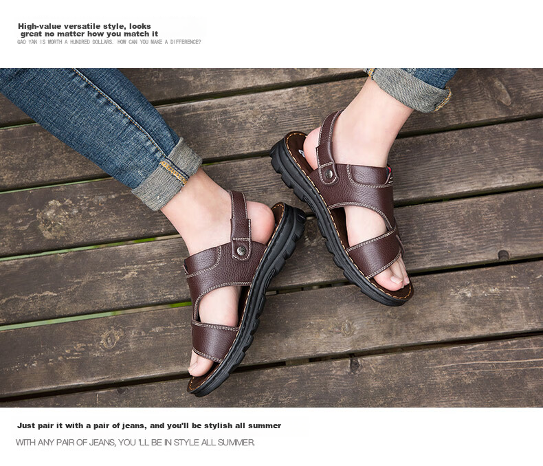 MEXICAN Top-Grain Leather Sandals for Men, Beach Shoes, Men's Slippers, Hollow-Out Casual Men's Shoes, Black, Size 43 10