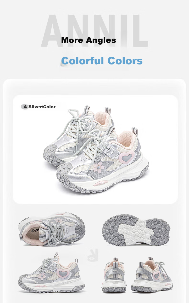 ANNIL Girls' Sports Casual Shoes, Spring New Style, Lace-Up Breathable Mesh Dad Shoes, 5210 Silver Color, Size 34 5
