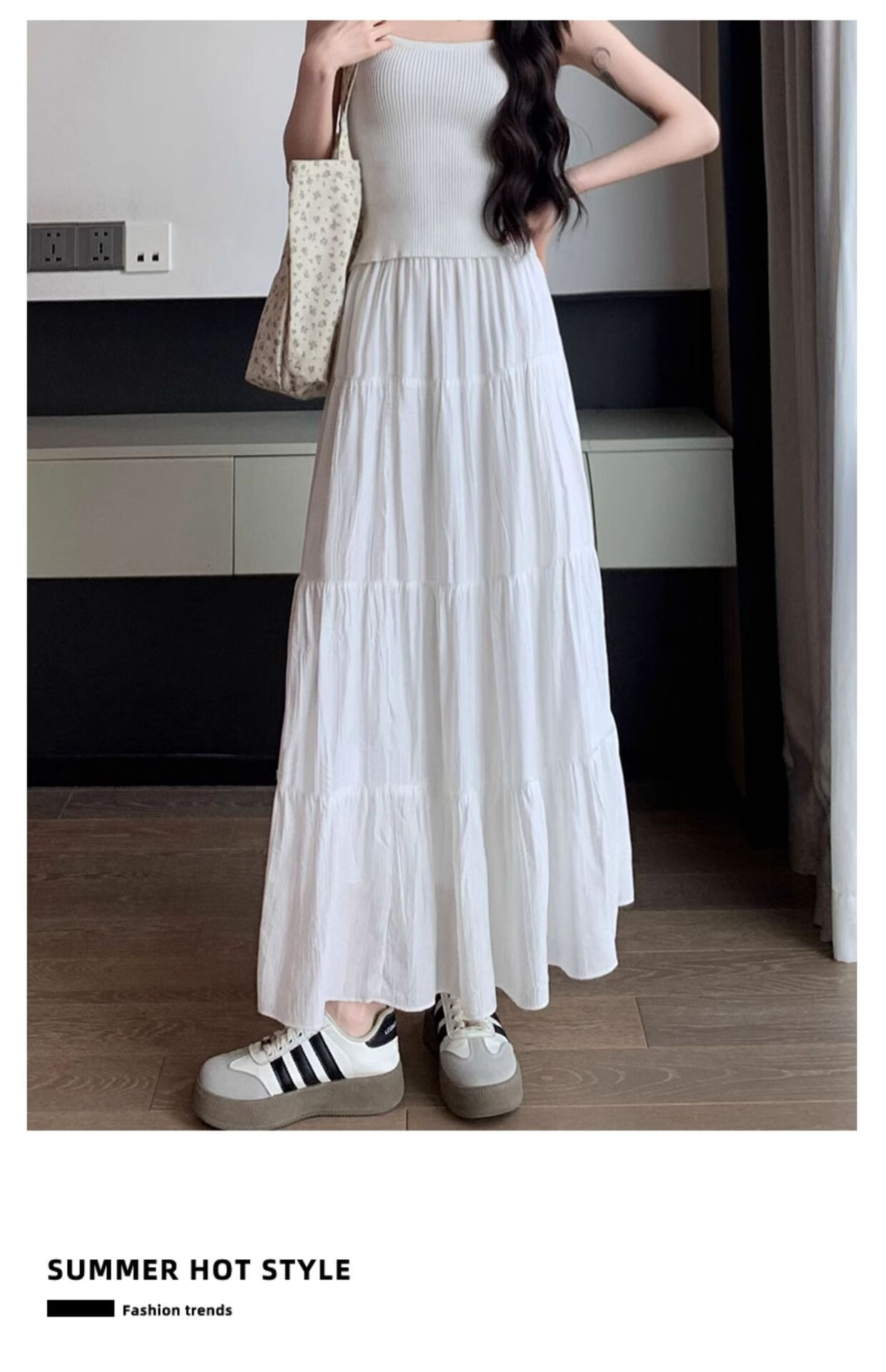 Jeanswest Women's Summer High-Waist Slimming Versatile Loose Peach Blossom Wrinkle Cake Skirt White M 19