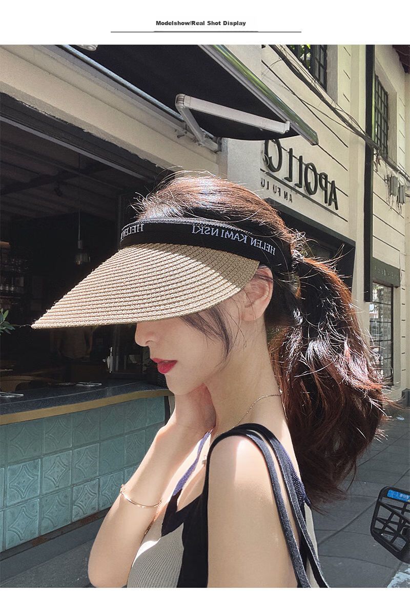 XUEXIMAN Summer Ins Straw Topless Baseball Cap for Women, Outdoor Versatile Beach Wide Brim Sun Protection Visor Hat, Sunshade Hat 7