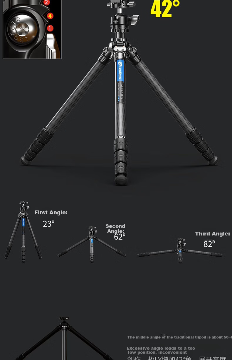 Leofoto Tripod, Hydrogen Series Professional Portable Carbon Fiber DSLR Camera Photography And Videography Tripod with Center Column, Compact Tripod LY-284C (Single Tripod) 12