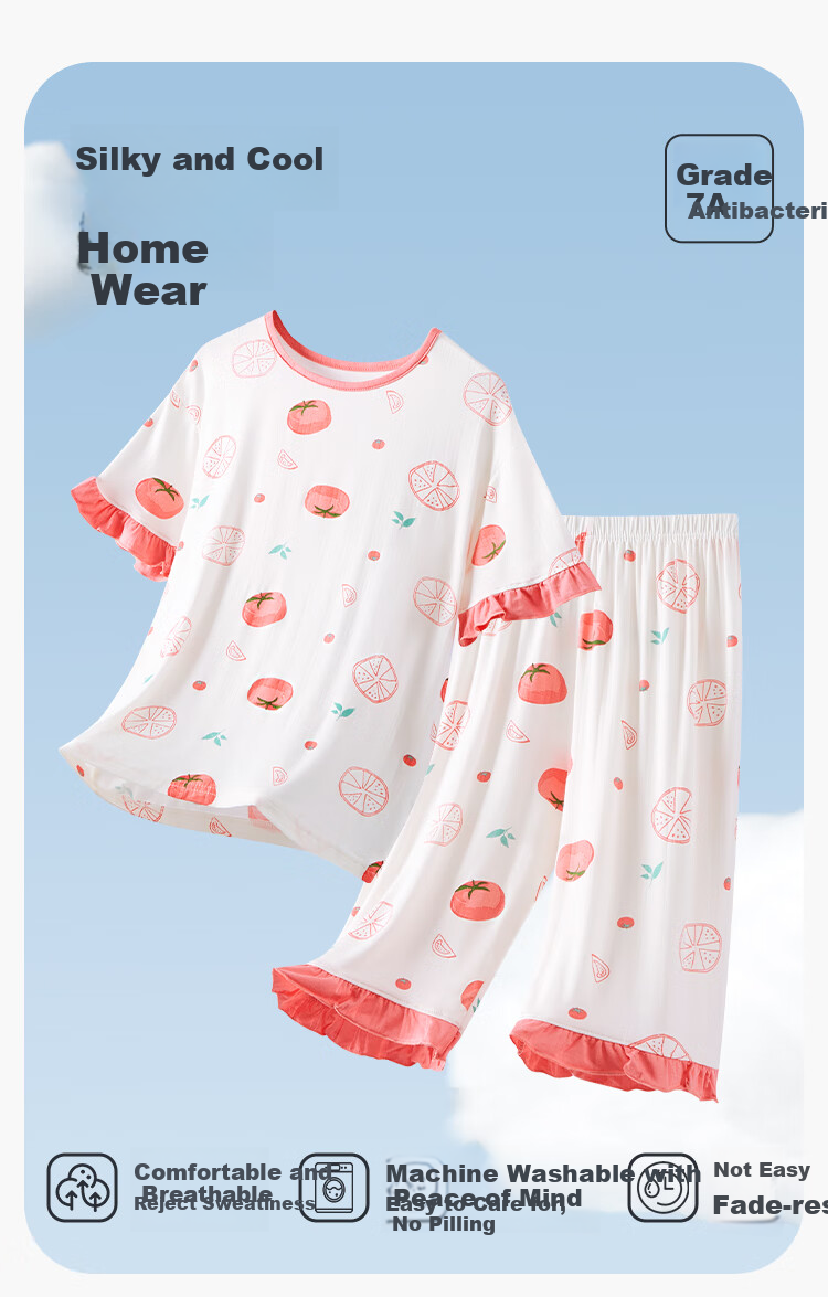 DEESHA [7A Antibacterial Comfort] Children's Pajama Set Air Conditioning Wear Spring Summer Girls' Cooling Short-Sleeve Loungewear for Older Childre 1