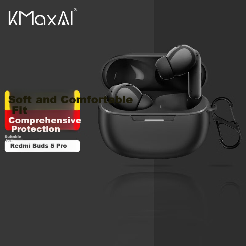 KMaxAI Silicone Protective Case for Redmi Buds 5 Pro, Xiaomi Redmi Plain Color Protective Cover, Wireless Earphone Charging Case Shockproof Frosted Soft Shell, Simple Design, Black