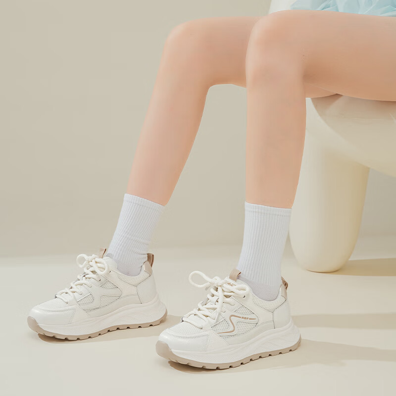 RED DRAGONFLY New Breathable Lightweight Height-Increasing Mesh Sports Shoes Casual Thick-Soled White Sneakers WTB35101 Beige/Apricot Size 34