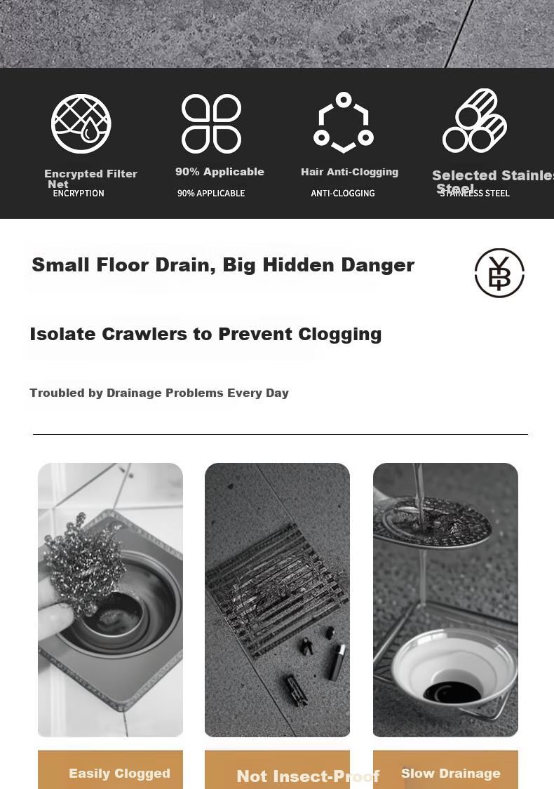 Bingyou Stainless Steel Floor Drain Filter, 2-Pack, Square Shape, Universal for Bathroom Drains, Anti-Clogging Hair Filter 2