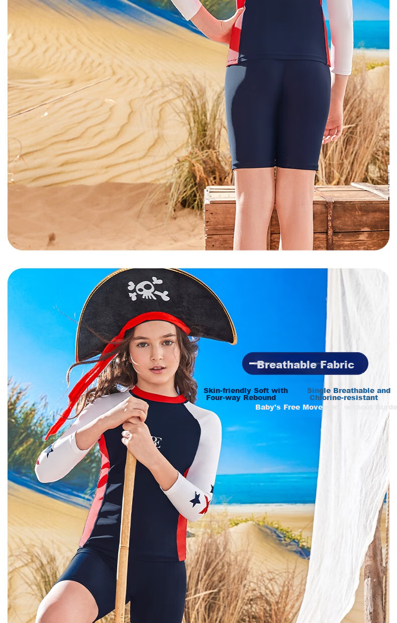 BALNEAIRE Children's Two-Piece Swimsuit, Long Sleeves And Mid-Length Shorts, Easy to Put on And Take Off, Sun Protection, Chlorine Resistant, Color Block Design, Suitable for Swimming Pools, Size 140 3