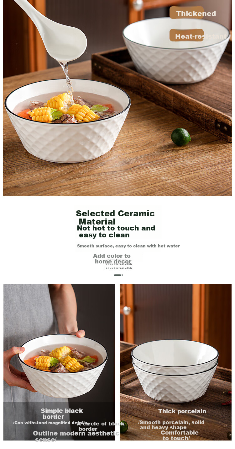 Jieyajie Ceramic Soup Bowl, Large Size for Home Use, White Porcelain, Large Noodle Bowl, Chinese-Style Underglaze Color, 8-Inch, Large Capacity, Salad Bowl 1