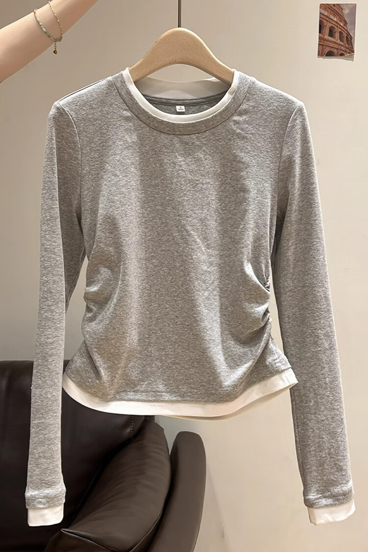 Woodpecker Women's Long Sleeve T-Shirt Round Neck Shoulder Fake Two-Piece Pleated Stretch Slim Waist Base Layer Top Dark Gray 2XL 4