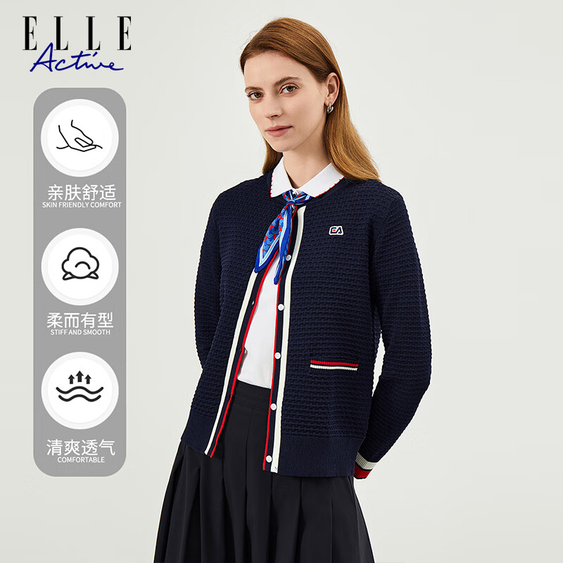 ELLE ACTIVE French Elegant Waffle Cardigan for Women, Casual Commute Contrasting Color Soft Spring And Summer Sweater Jacket, Navy Blue, L