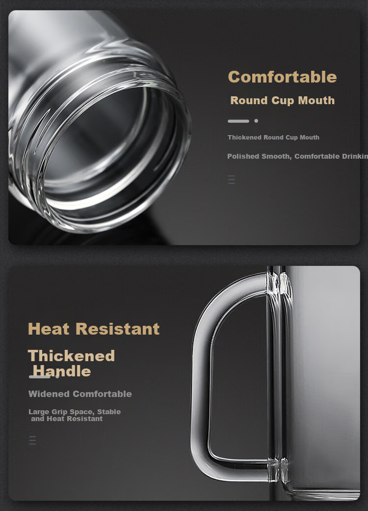 Fuguang Shixi Double-Layer Glass Cup with Handle and Filter, Heat-Resistant Office Mug, Large Capacity 520ml, Black 10